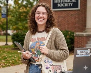 Image of college student outside a historical society building